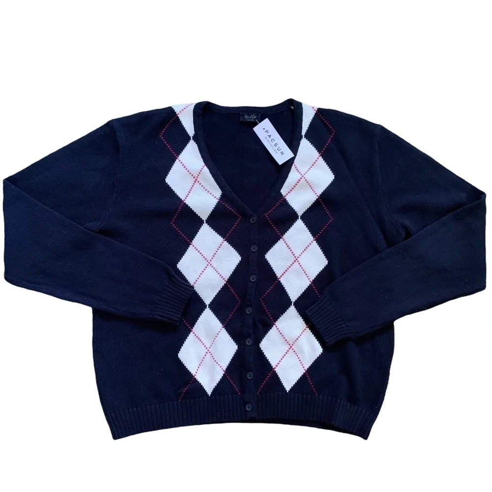 John Galt Pacsun New With Tags Navy & White Elizabeth Argyle Cardigan Size OS
